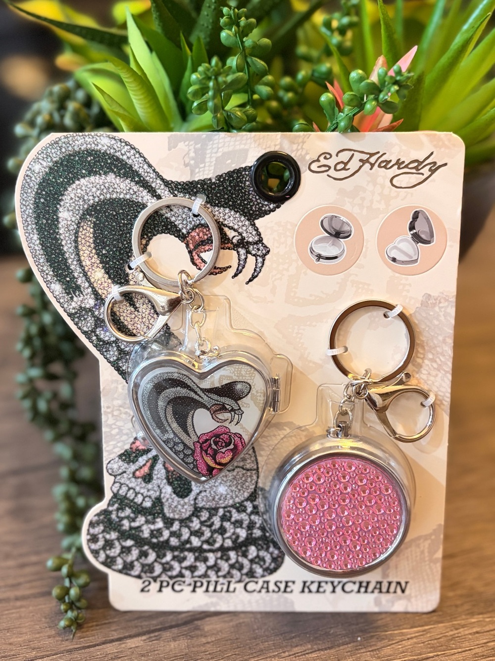 Ed Hardy set of 2 Pink & Black Heart and Round Pill Case Keychain Duo